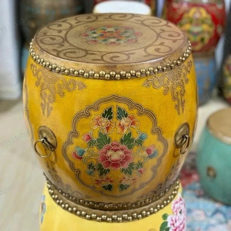 New Chinese Style Solid Wood Round Stool Hand‑Painted Ottoman Multifunctional Bench Side Table for Entryway Balcony Home Decor
