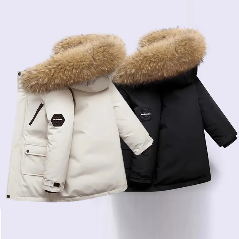 

Winter Boys Down Coats Children Thickened Large Fur Collar Cotton Jackets New Kids Warm Hooded Outerwear Teenager Padded Clothes