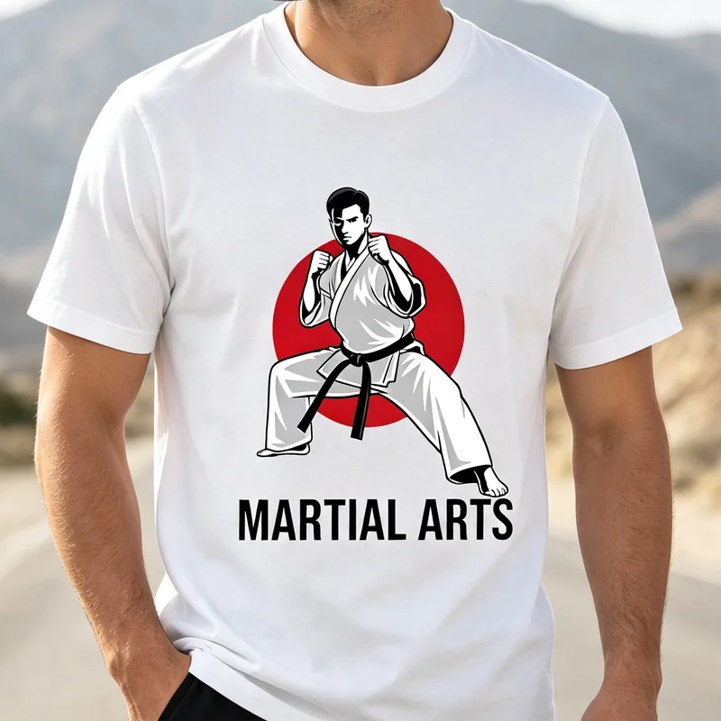 Martial Arts Karate Kung Fu Fighter Red Retro Sunset Training Graphic T Shirt Tee Casual Streetwear for Men Women Fashion Style