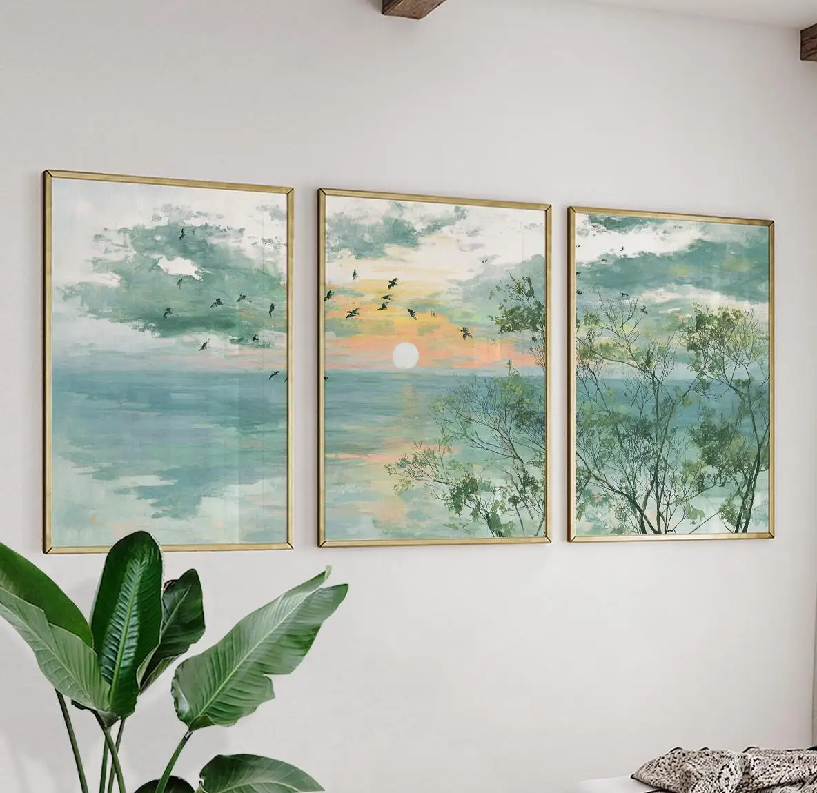 Vintage Watercolor Coastal Sunset Canvas Wall Art–Serene Ocean Landscape Printing for Calm Home Decor, Ideal Nature Lover Gifts