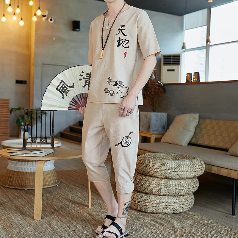 (Shirt+shorts ) Men's ventilate suit (Shirt+shorts ) men's fashionable shorts and shirts Summer 100% cotton and linen sports