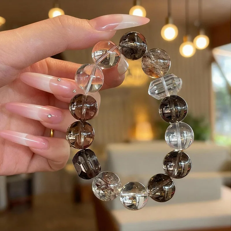 Natural White Crystal Smoky Quartz Bracelet for Women Lucky Fortune Bead Elegant Delicate Jewelry Gifts