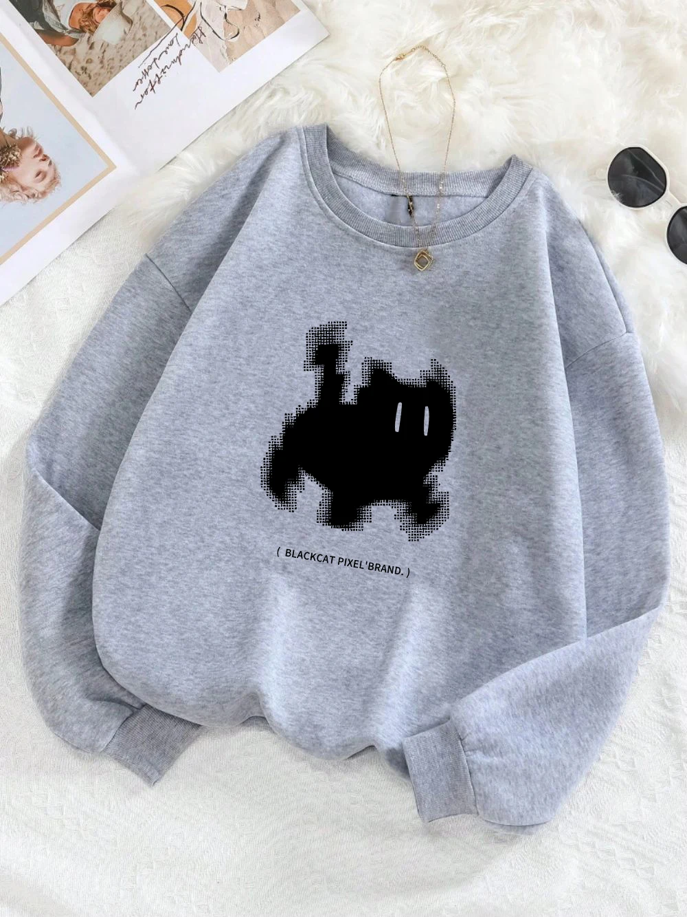 Casual Womens Hoodie Black Cat Pixel Cartoons Printing Sweatshirt Loose Warm Fleece Pullover Autumn Winter Female Streetwear