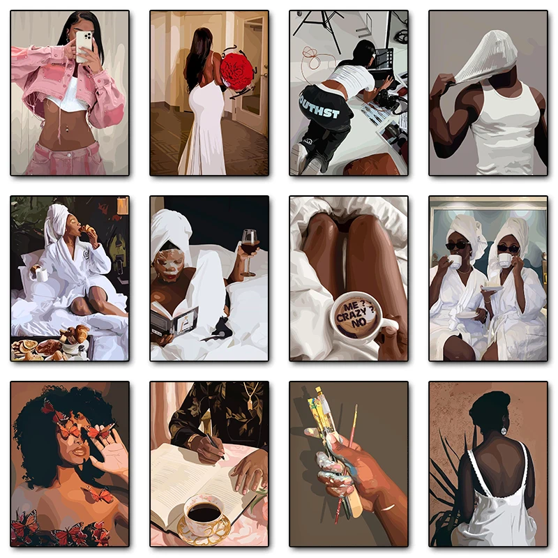 المألوف امرأة سوداء جميلة الراحة الترفيه الملصقات يطبع قماش الطباعة جدار صورة فنية لغرفة المعيشة ديكور المنزل