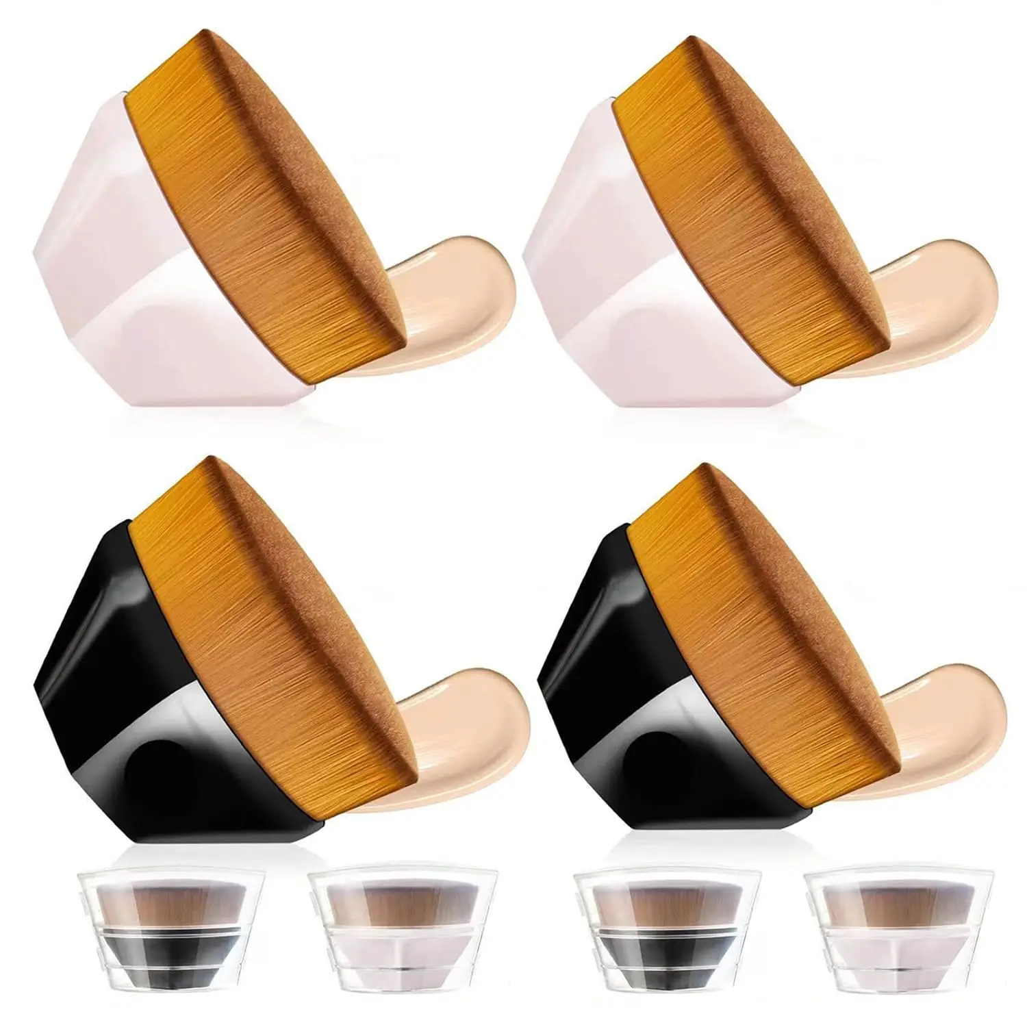 

4 Pack Foundation Makeup Brush for Blending Liquid Cream Flawless Powder Face Blush with Protective Case(Black and Pink, Hexagon Kabuki Brush)