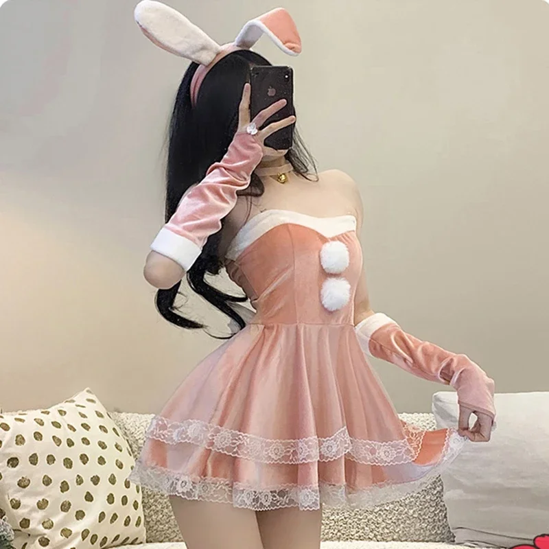 Anime kawaii coelho menina uniforme set, sexy cosplay, coelho trajes para mulheres, vestido de veludo, rosa, vermelho, natal, coelho, mulher