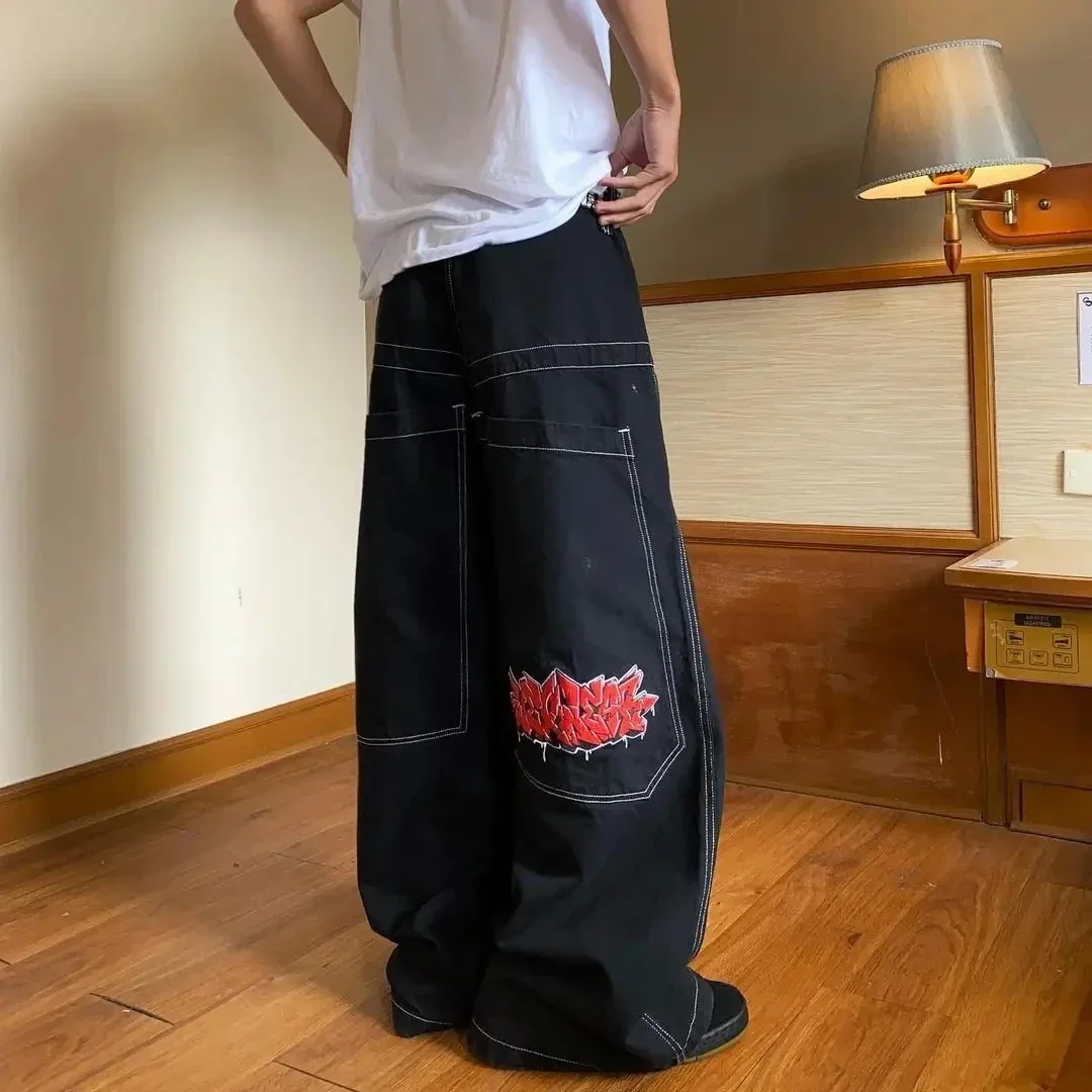 Baggy Jeans Y2K Frauen Street Hip Hop Rock Stick muster Vintage Harajuku hohe Taille weites Bein Jeans Straight Leg Hosen