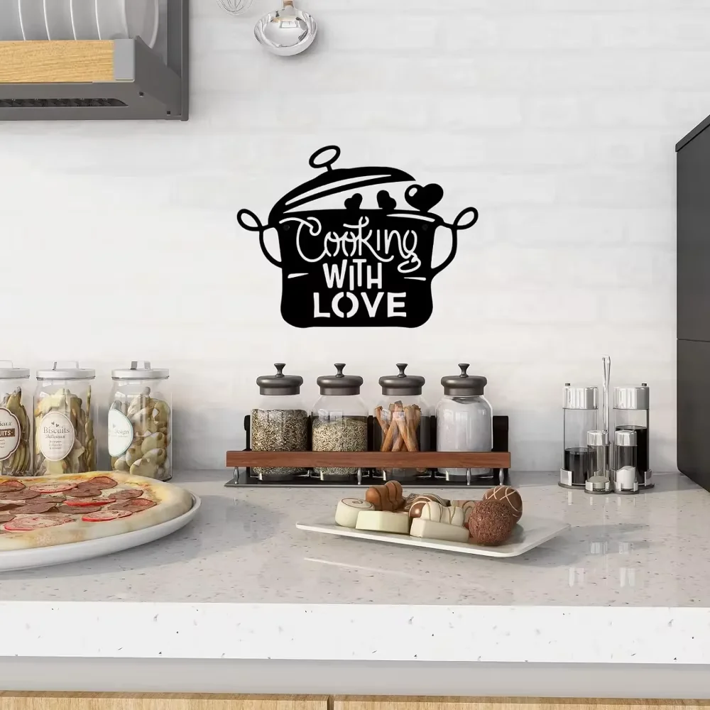 Black Metal Kitchen Pot Sign Cooking with Love Wall Decor Lovely Gift for Home Kitchen Decoration Stylish Wall Accent Vibe