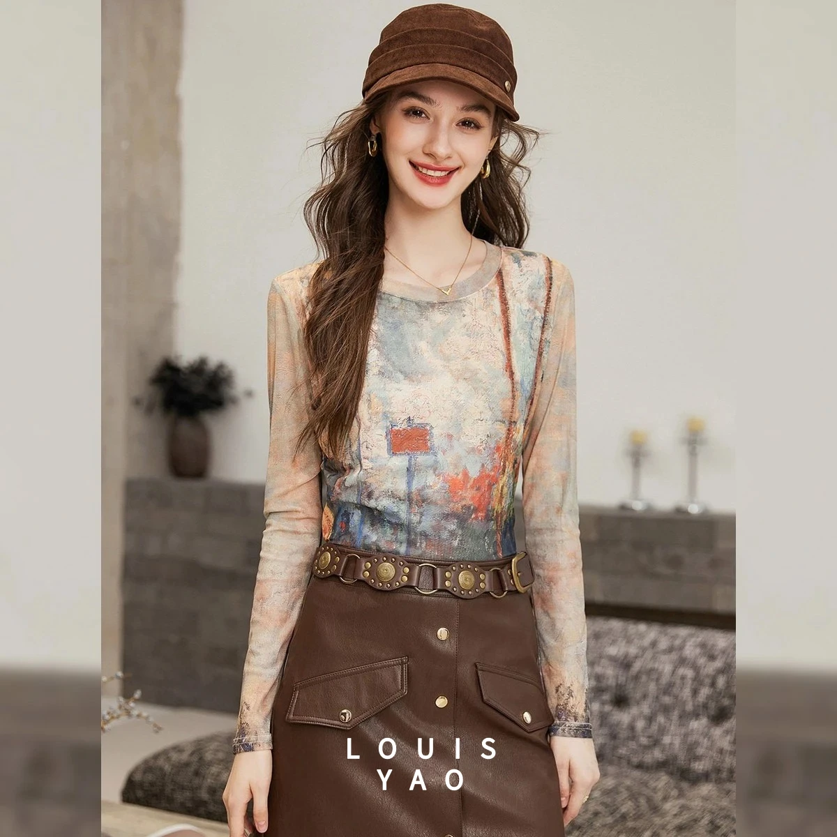 

LOUISYAO Elegant Print Long-sleeve T-shirt 2025 Autumn Top Slightly Stretchy Oil Painting Style Round Women's T-shirts