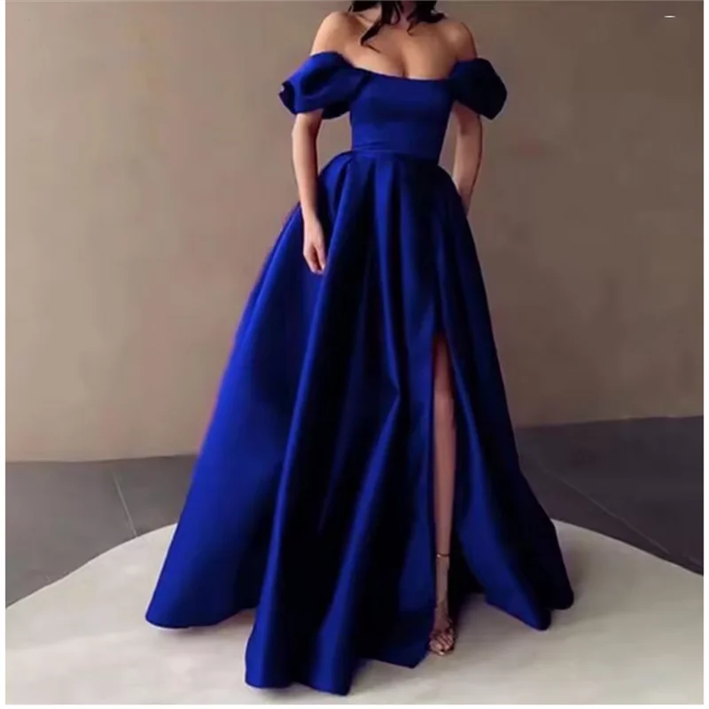 

Royal Blue A Line Satin Prom Dresses Short Sleeves Slit Formal Party Occasion Dress Women Elegant Evening Gowns Customized