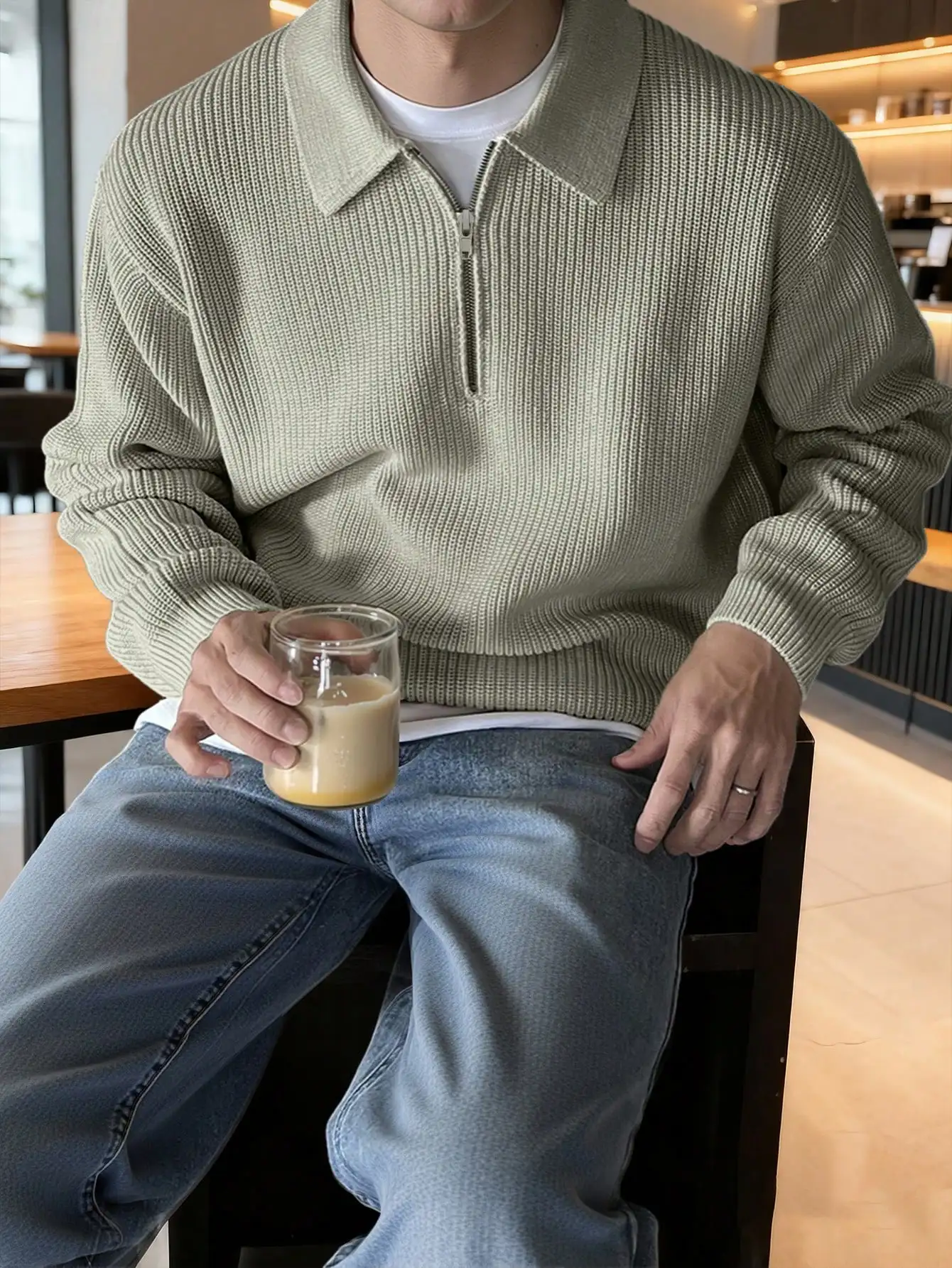 

Men's Olive Green Ribbed Knit Zip-Up Sweater with Collar, Casual Long Sleeve Top for Autumn Winter