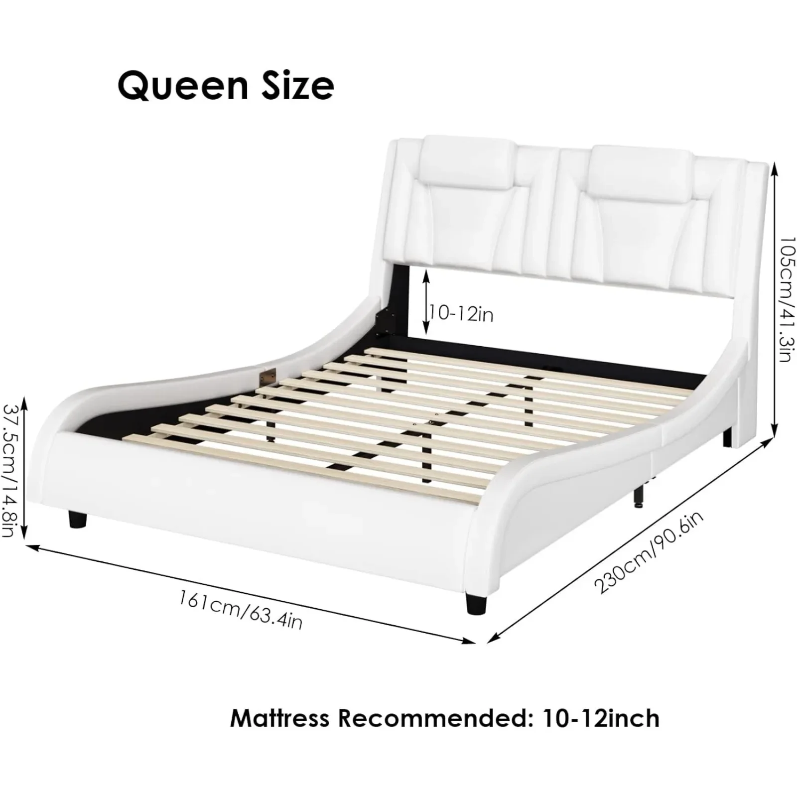 US Upholstered Platform Bed Frame with Adjustable LED Headboard, Pu Leather, Wave-Like Curve Design and Solid Wooden Slats