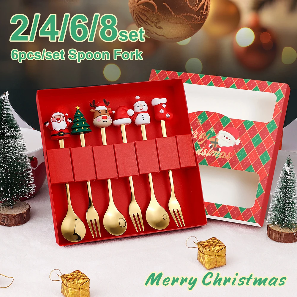 

2/4/6/8Set Christmas Spoon Fork Set Stainless Steel Coffee Tea Dessert Spoon Fruit Fork Creative Xmas Party Tableware Cute Doll