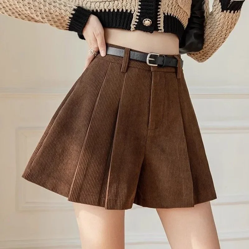 Autumn Winter Women Shorts Black Wide Leg High Waist Elegant Fashion Corduroy Pleated A Line Casual Brown Booty Shorts Female