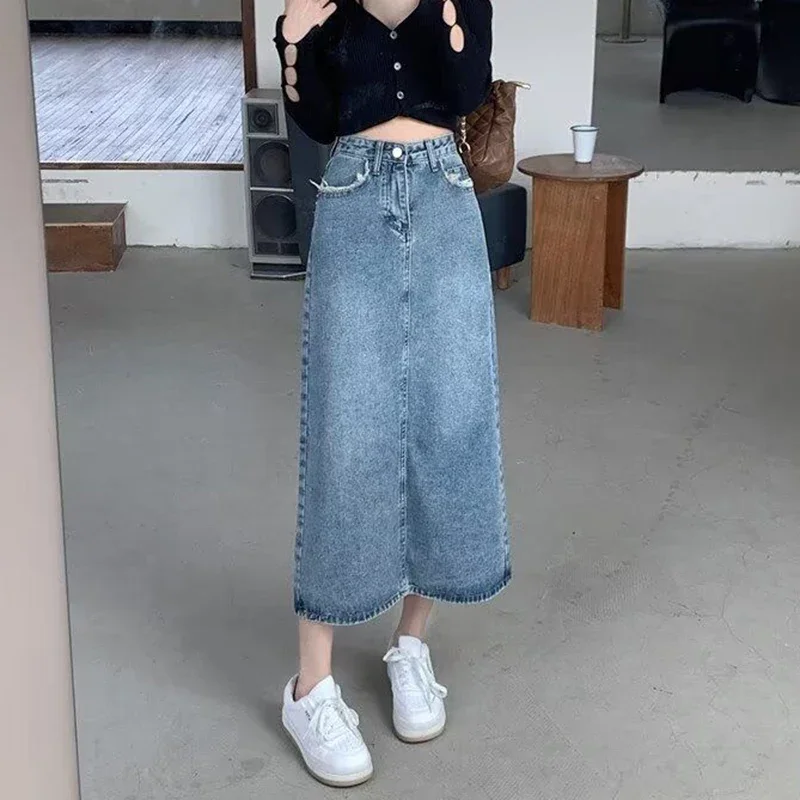 

Summer Female Light Blue Wrap Hip Jeans Skirt Girls Ripped Slim Fit Jeans Dress Lady Chic High Waisted Denim Skirt