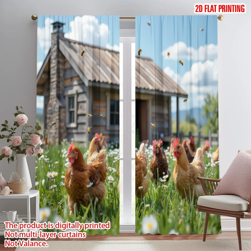 

2D flat printing 2pcs Party Curtains Chickens and Bees Near Cabin Digital Printed Polyester Drapes Seasonal Party & Holiday