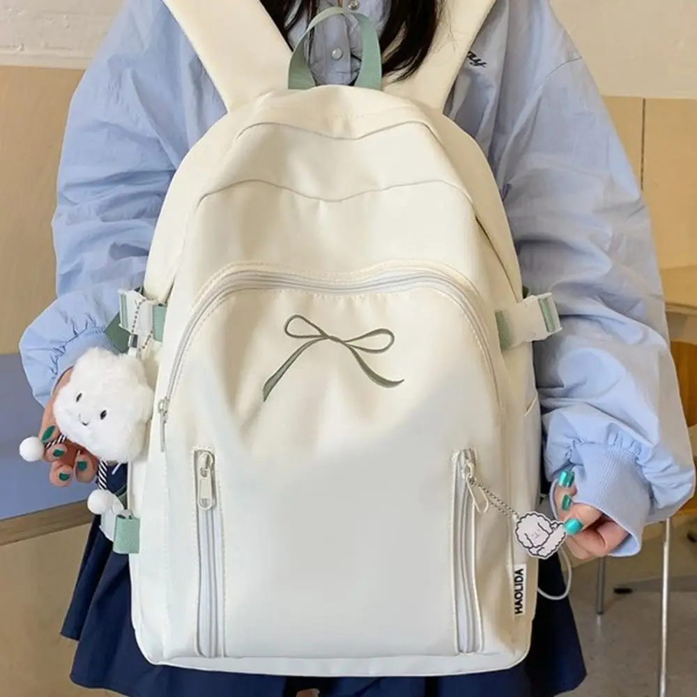 Повседневный студенческий школьный рюкзак большой емкости, однотонный рюкзак с бантом, водонепроницаемый школьный рюкзак с несколькими карманами в корейском стиле, детская
