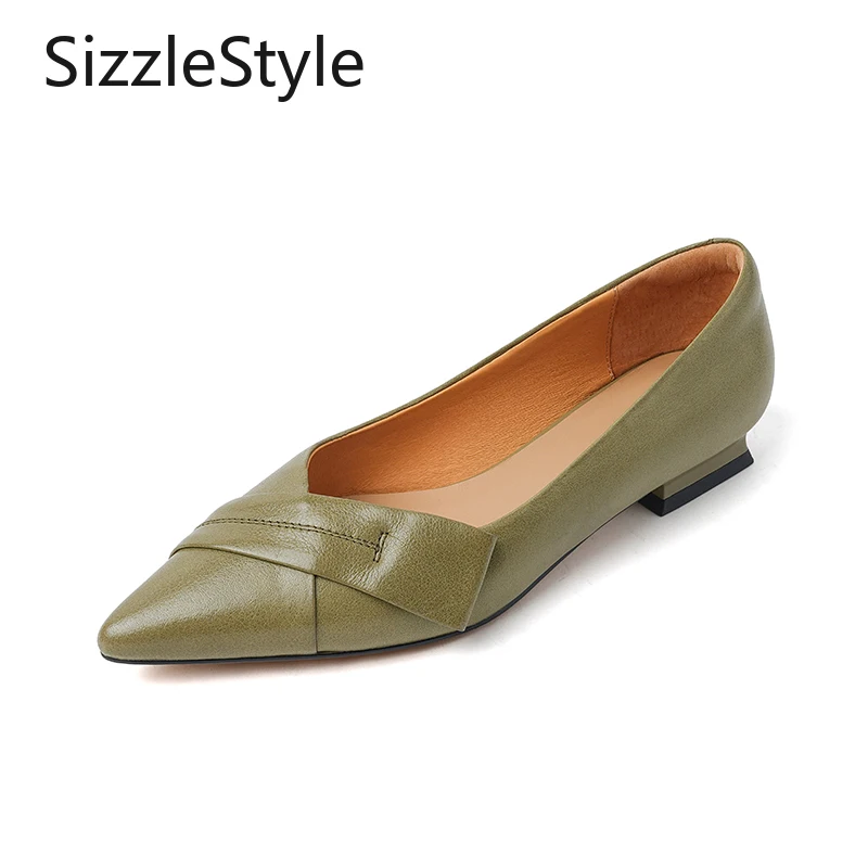

Fashionable Genuine Leather Pointed Toe Shallow Mouth Vegetable Tanned Leather Comfortable Low Heel Slip-on Shoes for Women