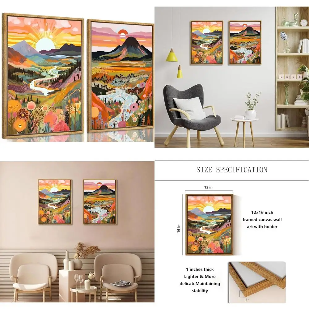 

Boho Style Mountain Art: Colorful Sunrise & Sunset Landscapes, Watercolor Nature Decor for Home