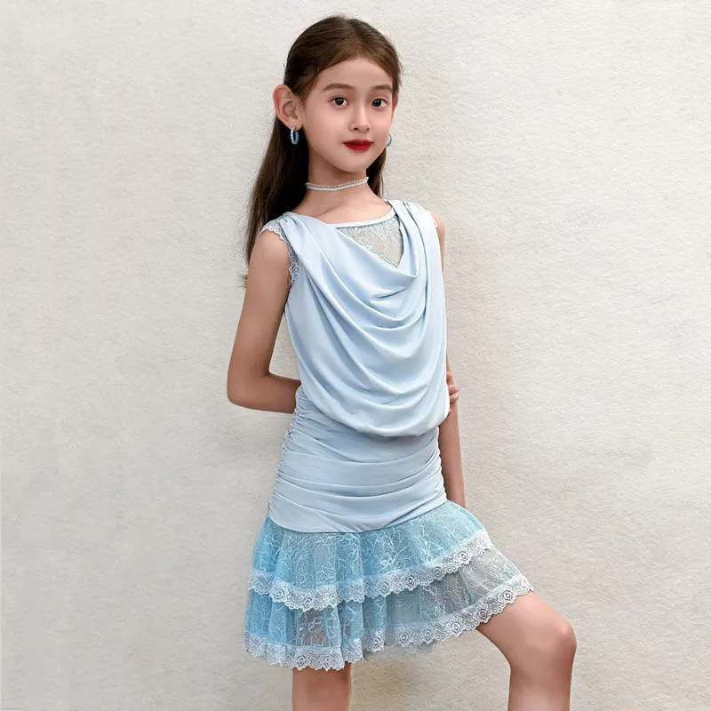 

Children Latin Dance Practice Clothes For Girls Sleeveless Tops Split Skirts Performance Suit Samba Chacha Latin Costumes XH4973