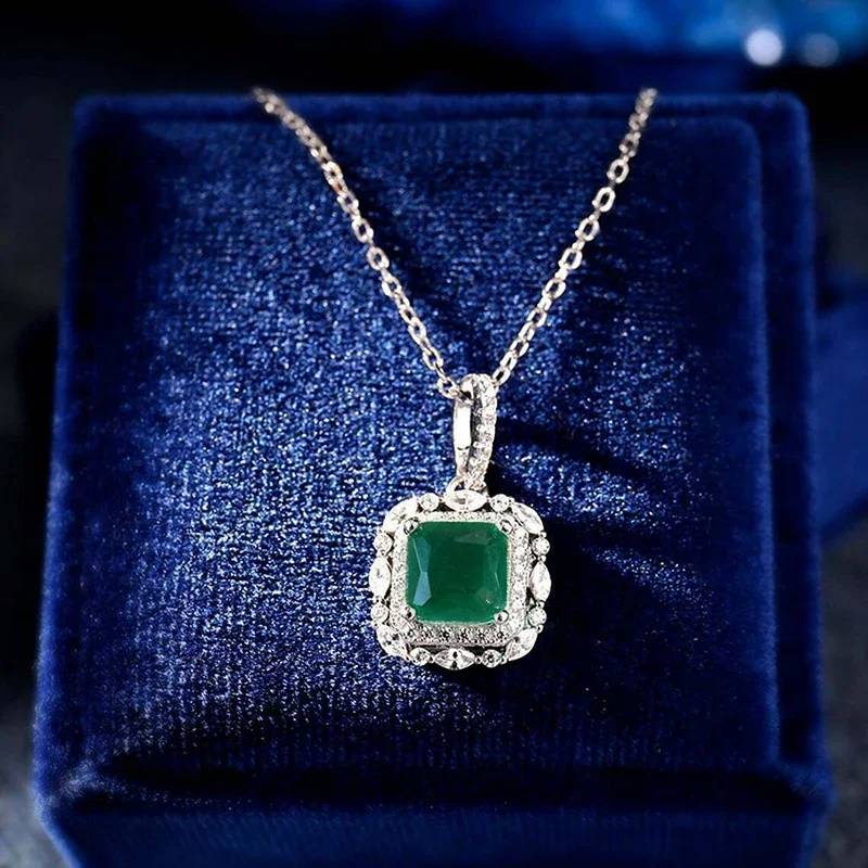 New Newly Designed Bride Wedding Necklace Luxury Square Green Stone CZ Sparkling Pendent  for Women Fashion Jewelry