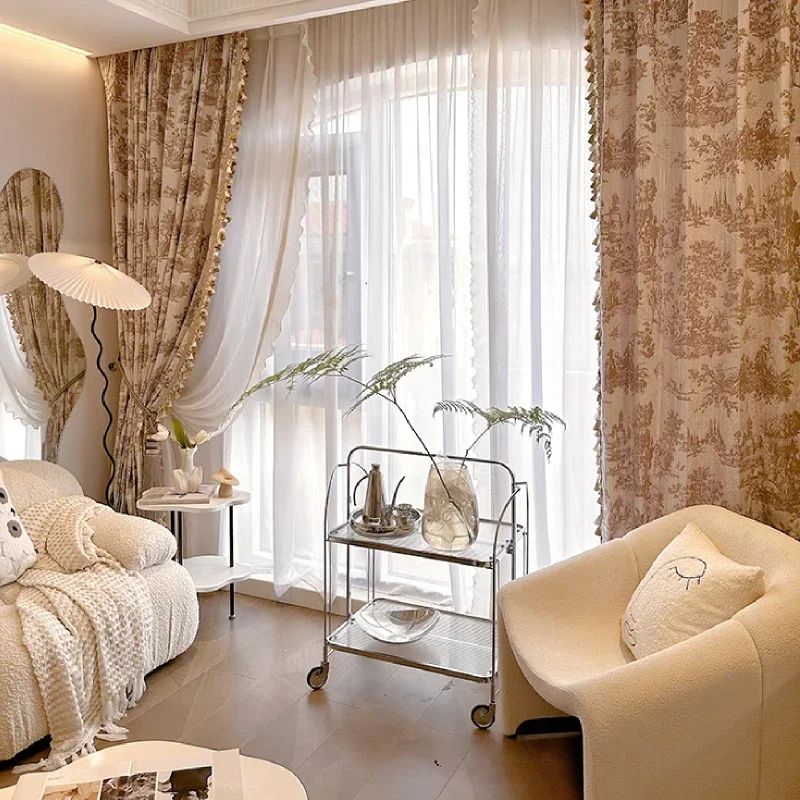Custom Size!Retro European Jacquard Window Curtains with Tassel Lace & Crimped Design, Elegant Drapes for Living Bedroom Balcony