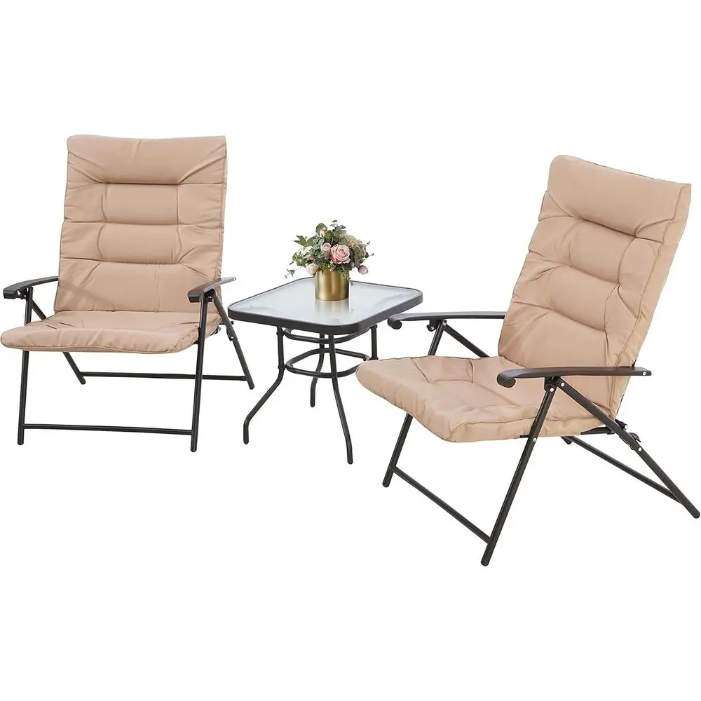 

3-Piece Outdoor Bistro Set with Cushioned Reclining Chairs and Tempered Glass Table, Brown