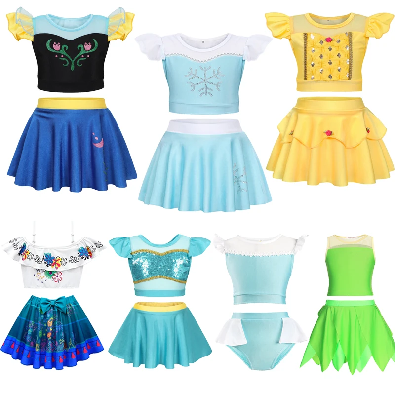 Girls Princess Elsa Anna Swimsuit Two Pieces Set Girl Summer Beachwear Kids Snow White Belle Children Swimwear Bathing Suit