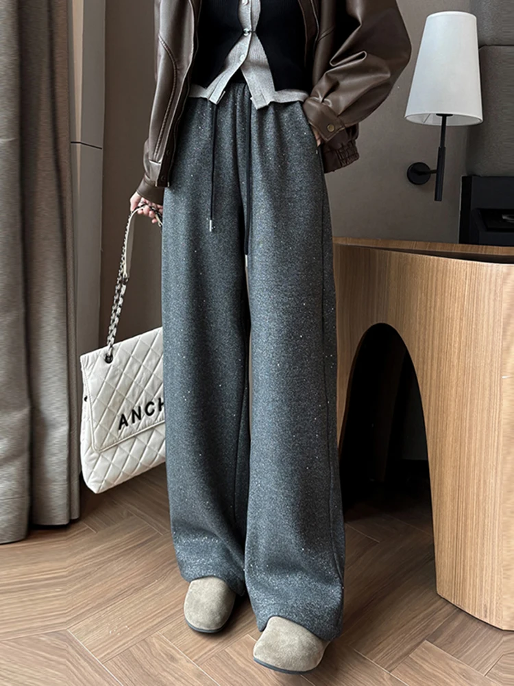 Calças Casuais Femininas de Cintura Alta com Forro, Corte Largura, Design Assimétrico, Corte Reto, Outono Inverno Novo