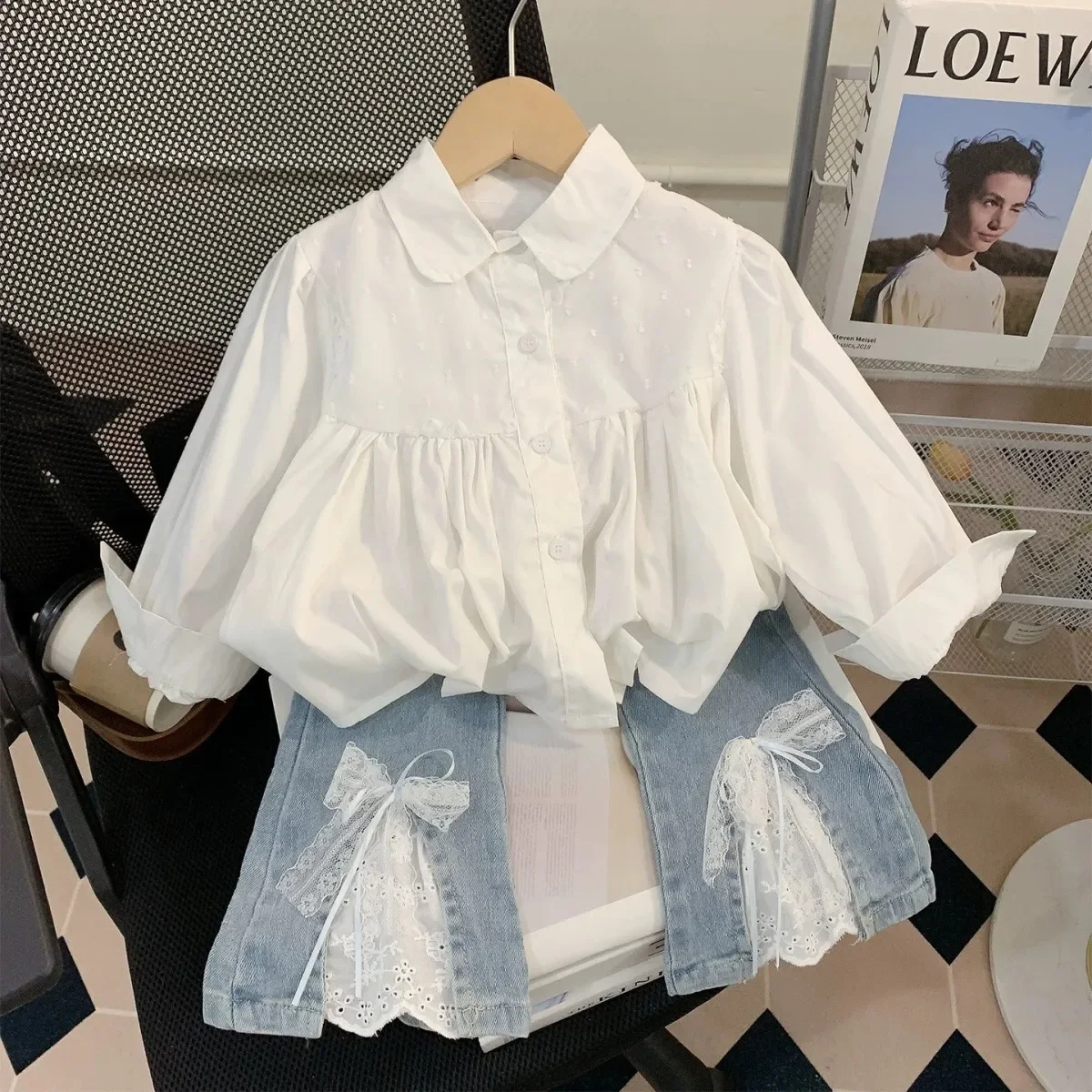 

Girls' Spring and Autumn Set 2026 New Children's Collar Shirt Top+Bow Jeans Stylish Two Piece Set Kids Outfit 90-140cm