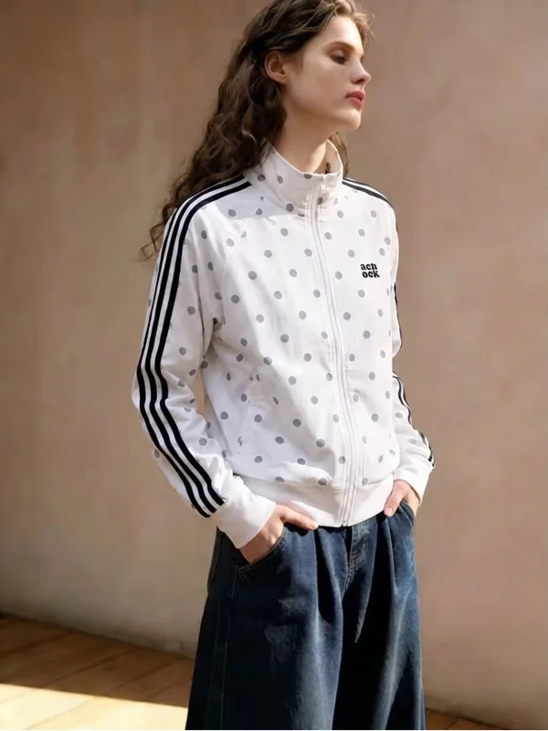 

White Polka Dot Stand Collar Loose Women's Summer Outdoor UV Protection Lightweight Breathable Sunscreen Coat Jacket