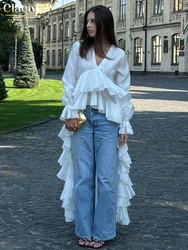 Clacive Sexy Loose White Women's Shirt 2025 Fashion V-Neck Long Sleeve Shirts Elegant Ruffle Irregular Top Female Clothing