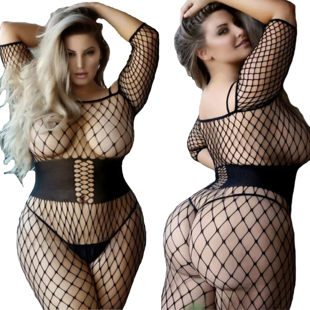 Plus Size Sexy Bodystockings Open Crotch Women Fishnet catsuit Mesh tights Lingerie Erotic Bodysuit Sleepwear Crotchless teddy