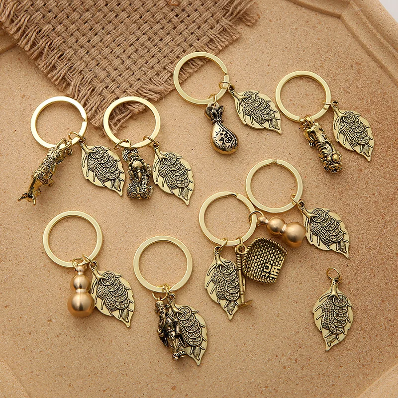 One Leaf Makes Money Pure Copper Solid Gourd Brass Hand Pendant Keychain Get Rich Overnight Car Key Ring K5055