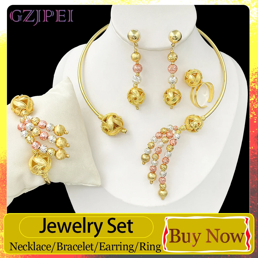 GZJPEI 2026 New 3 Tone Round Beads Jewelry Set For Women Ethiopian Bridal Wedding Party Jewellery Mother's Birthday Gift On Sale