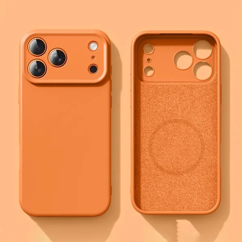 

Магнитный чехол из жидкого силикона для iPhone 14/15/16/17 Pro/Max/Plus, тонкий мягкий чехол оранжево-бежевого цвета, совместимый с беспроводной зарядкой