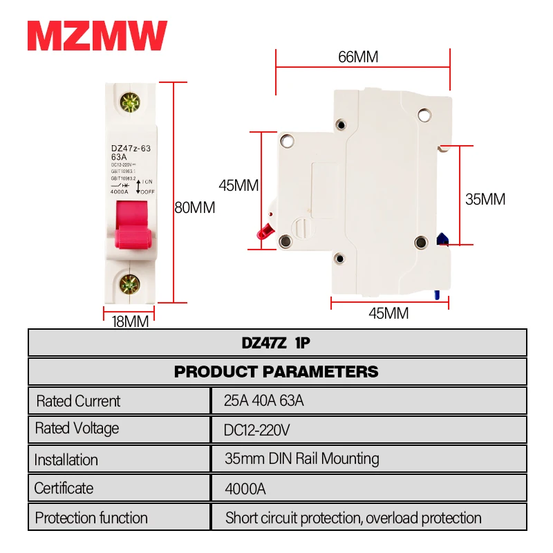MZMW DZ47 32A 40A 63A 12V-220V Din Rail DC MCB Mini Circuit Breaker Battery Car Protector Electric Vehicle Motorcycle Air Switch