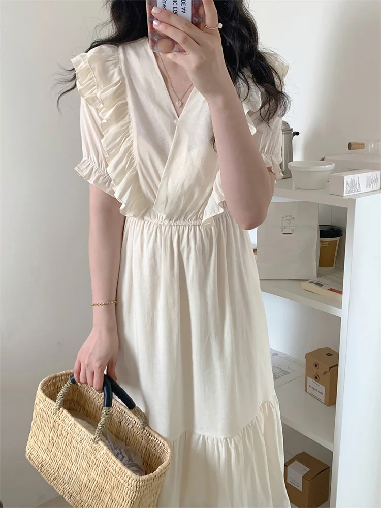 

Soft Short Sleeved Summer Korean Style NightDress Women Simple Solid Casual Elegant Long Midi Dress Maid style Waist Retraction