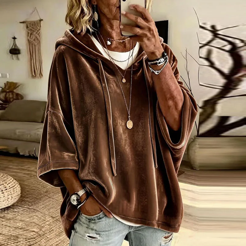 Greenora Casual Velvet Hooded Sweatshirts Women Button Drawstring Hood 3/4 Sleeve Blouses Autumn Winter Casual Solid Daily Pullo