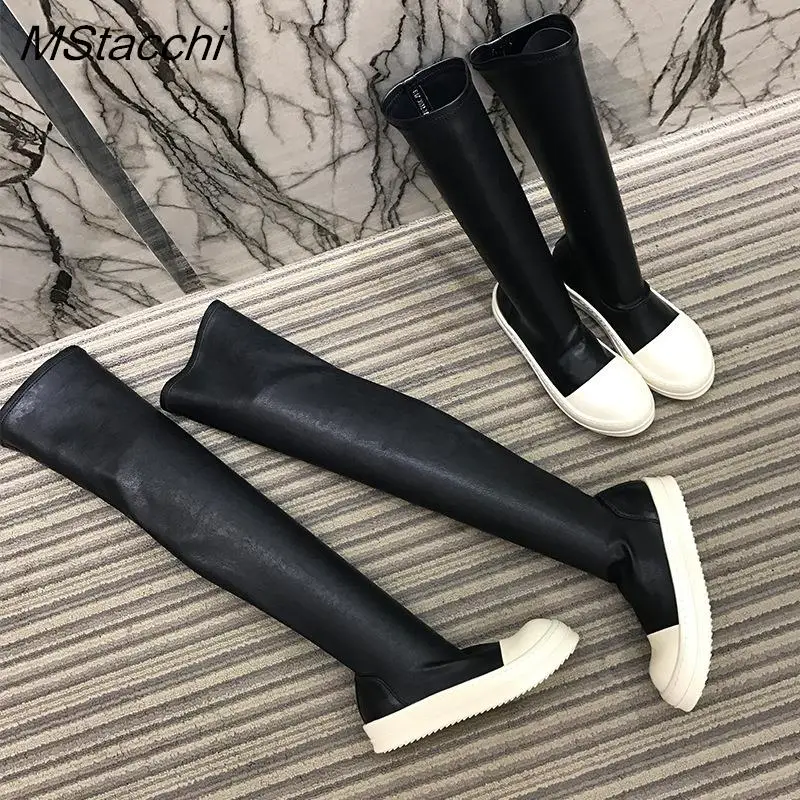 Women Stretch Tight Boots Flat Thick Bottom Shoes Women's Over-the-knee Boots Casual Black Leather Women's Thigh High Boots 2024