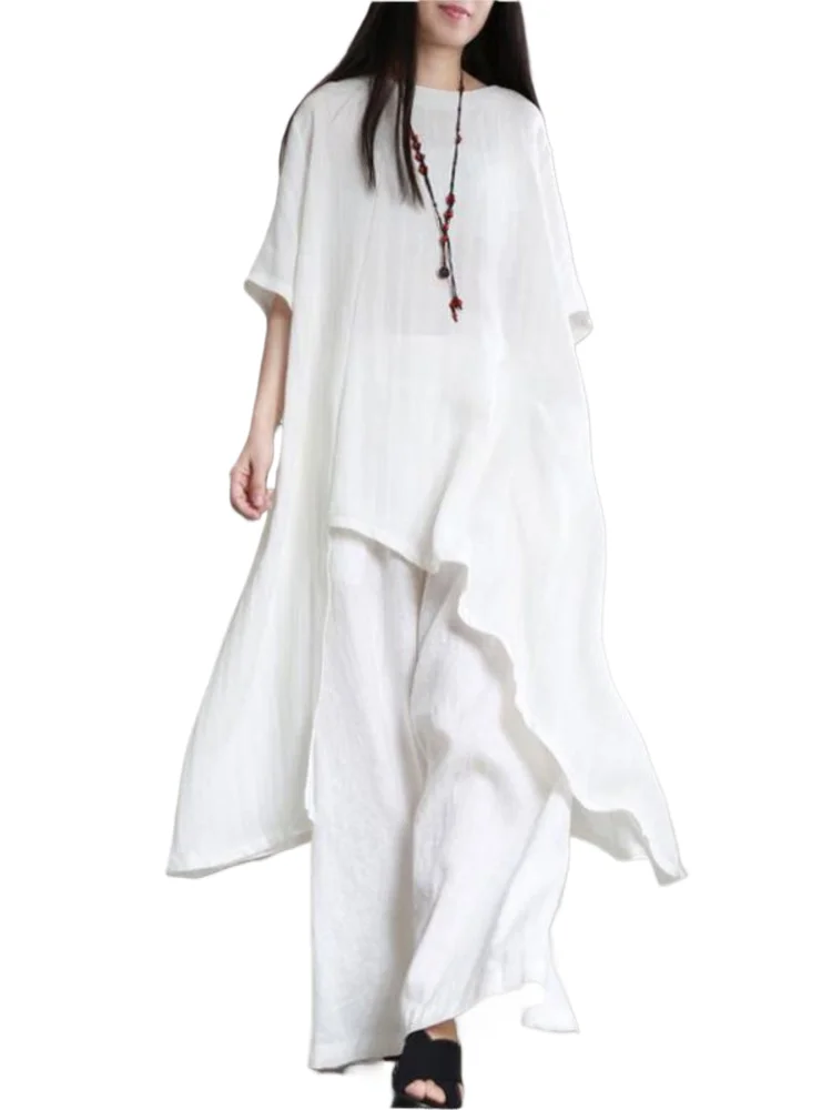 

Women Cotton Linen Pant Sets 2 Pieces Casual Half Sleeve Solid Loose Top & High Elastic Waist Wide Leg Full Trousers Suits