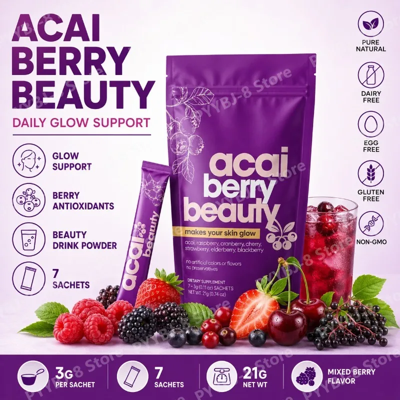 Bebida en Polvo Beauty Berry para un Brillo Diario |   Mezcla de Acai, Frambuesa, Arándano y Baya de Saúco |   7 Sobres |   Antioxidante Natural