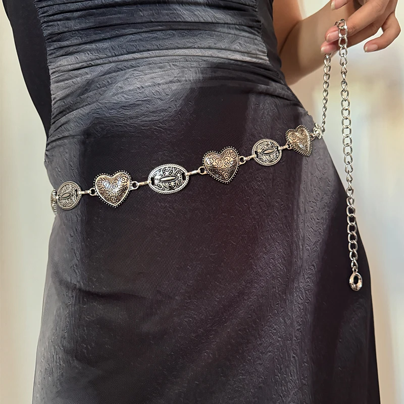 خمر الذهب الإناث الخصر حزام على شكل سلسلة راعية البقر الغربية نحت بيضاوي الشكل القلب أحزمة معدنية للنساء الفاخرة الفضة فاسق زنار #2