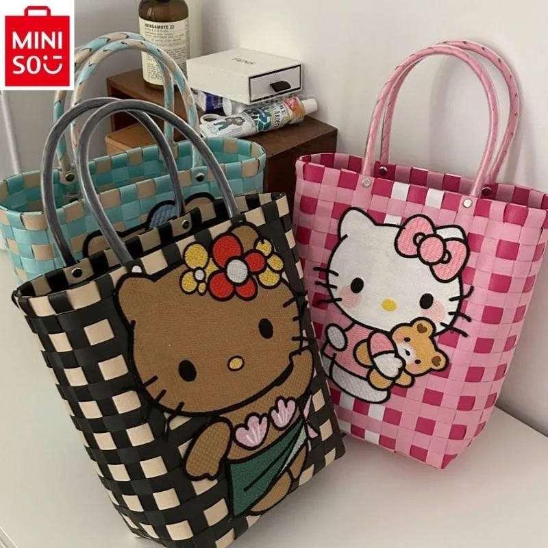 MINISO Hello Kitty Fashion Knitted Sweet Versatile Handbag for Women High Quality Large Capacity Outdoor Travel Beach Bag