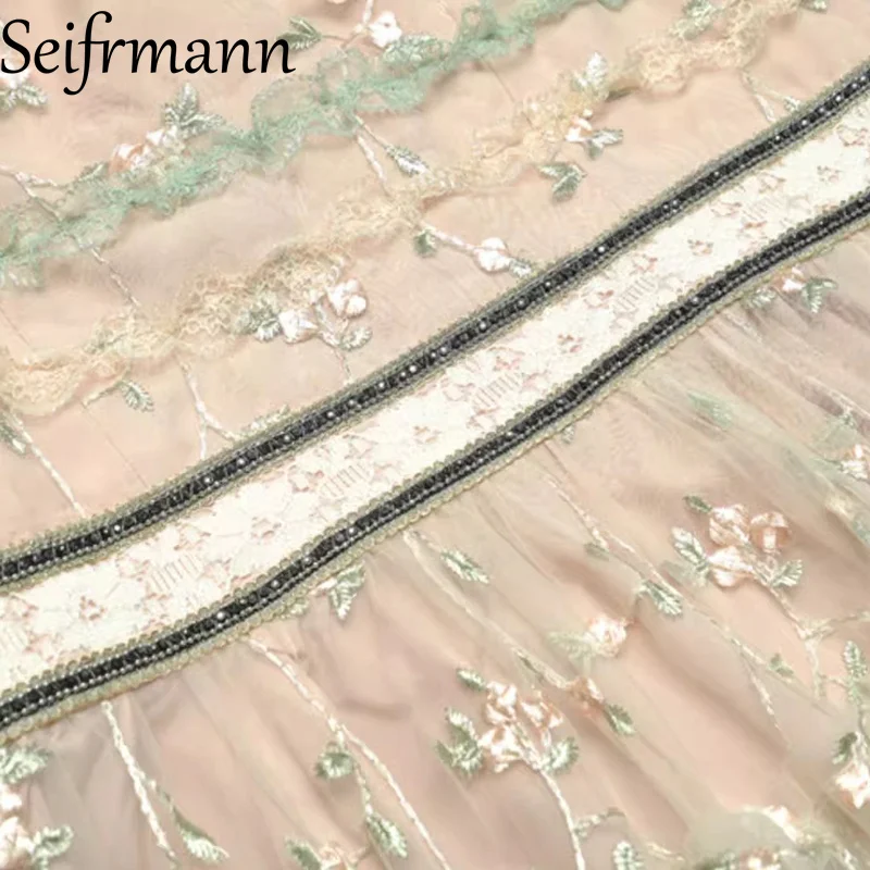 Seifrmann 2026 printemps femmes nouvelle mode épaules dénudées à manches courtes brodé maille taille cintrée robe