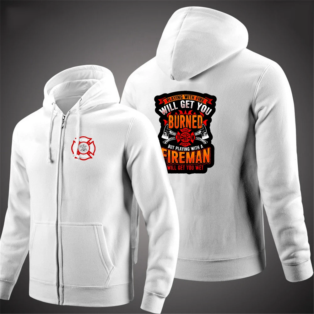 

2025 Spring Autumn Fire Rescue Firefighter Logo Print Solid Color Zipper Hoodies Men Long Sleeve Comfortable Cotton Jacket Coats
