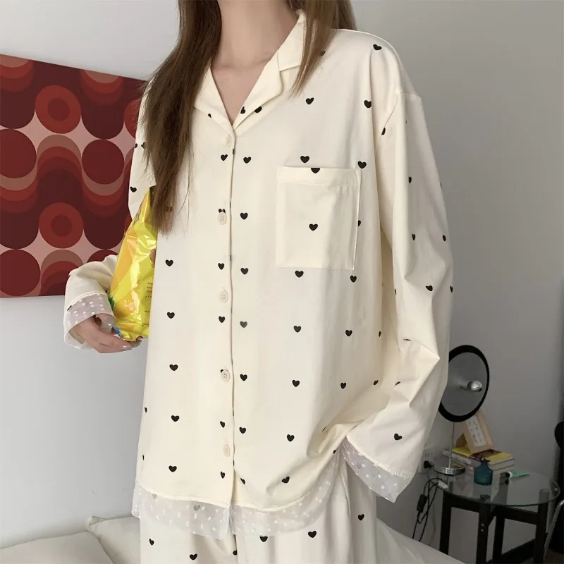 Large size pure cotton pajamas spring women's 2024 new spring autumn long sleeved love all cotton set spring home clothing M-5XL
