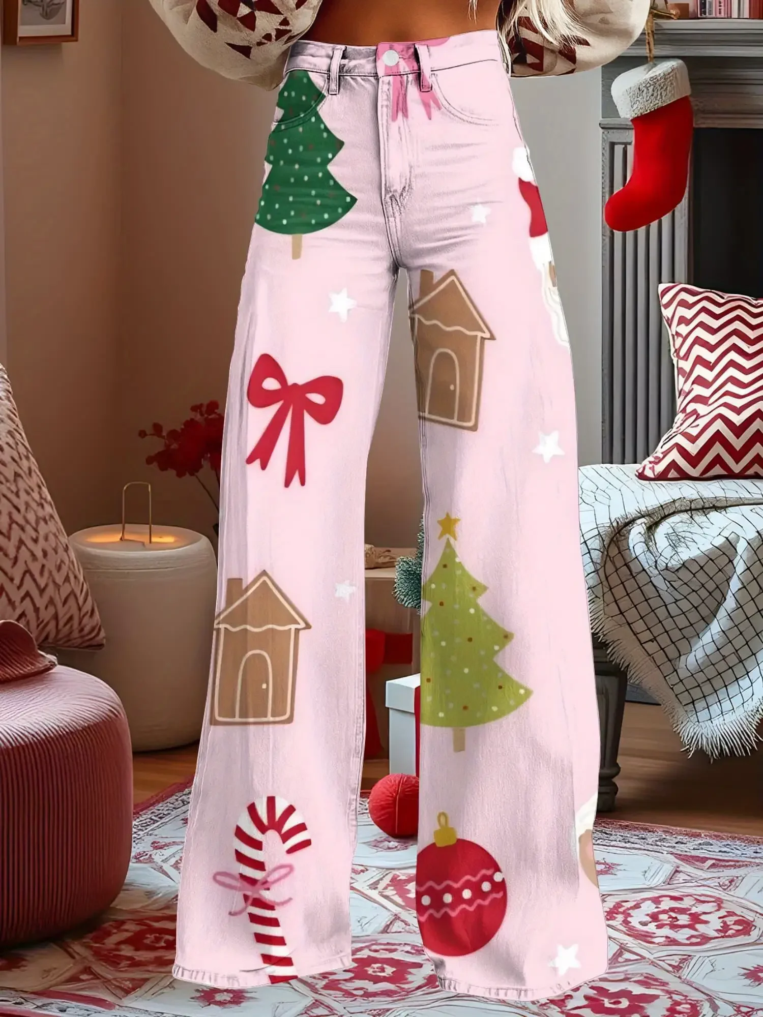 2026 New Christmas Women's Denim Jeans - Casual, Fashionable, Comfortable, Full printed Christmas element patterns
