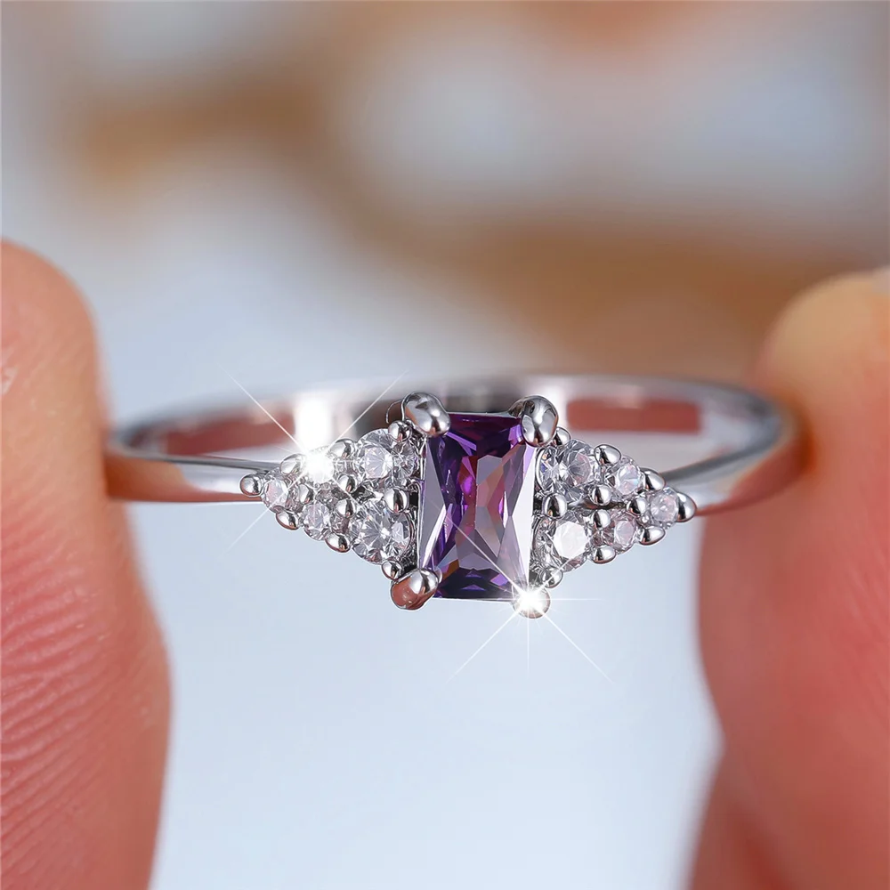 Luxury Female White Purple Square Zircon Stone Finger Engagement Ring Vintage Silver Color Wedding Band Bridal Jewelry For Women