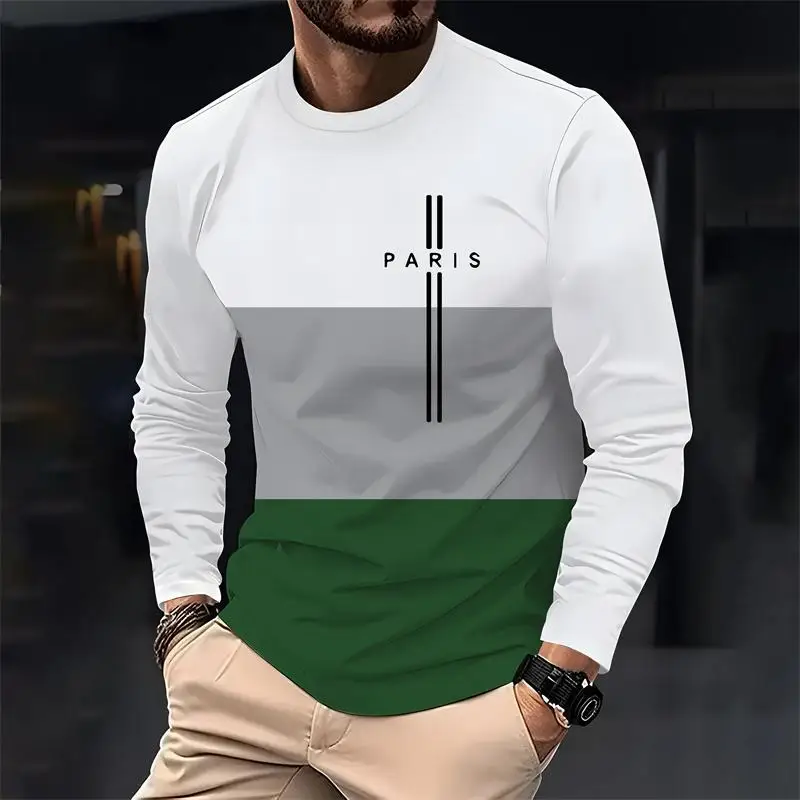 باريس متعدد الألوان الرجال فضفاضة طويلة الأكمام تي شيرت مطبوع موضة Crewneck تي شيرت غير رسمي مريح الرجال الربيع والخريف